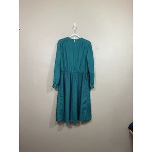 VTG Womens Polka Dot Midi Dress M/L Green Modest Retro Pin Dot Long Sleeve